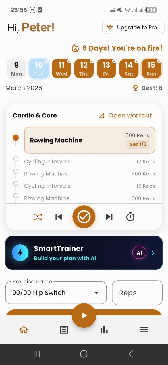 Nezugo home screen showing workout tracker